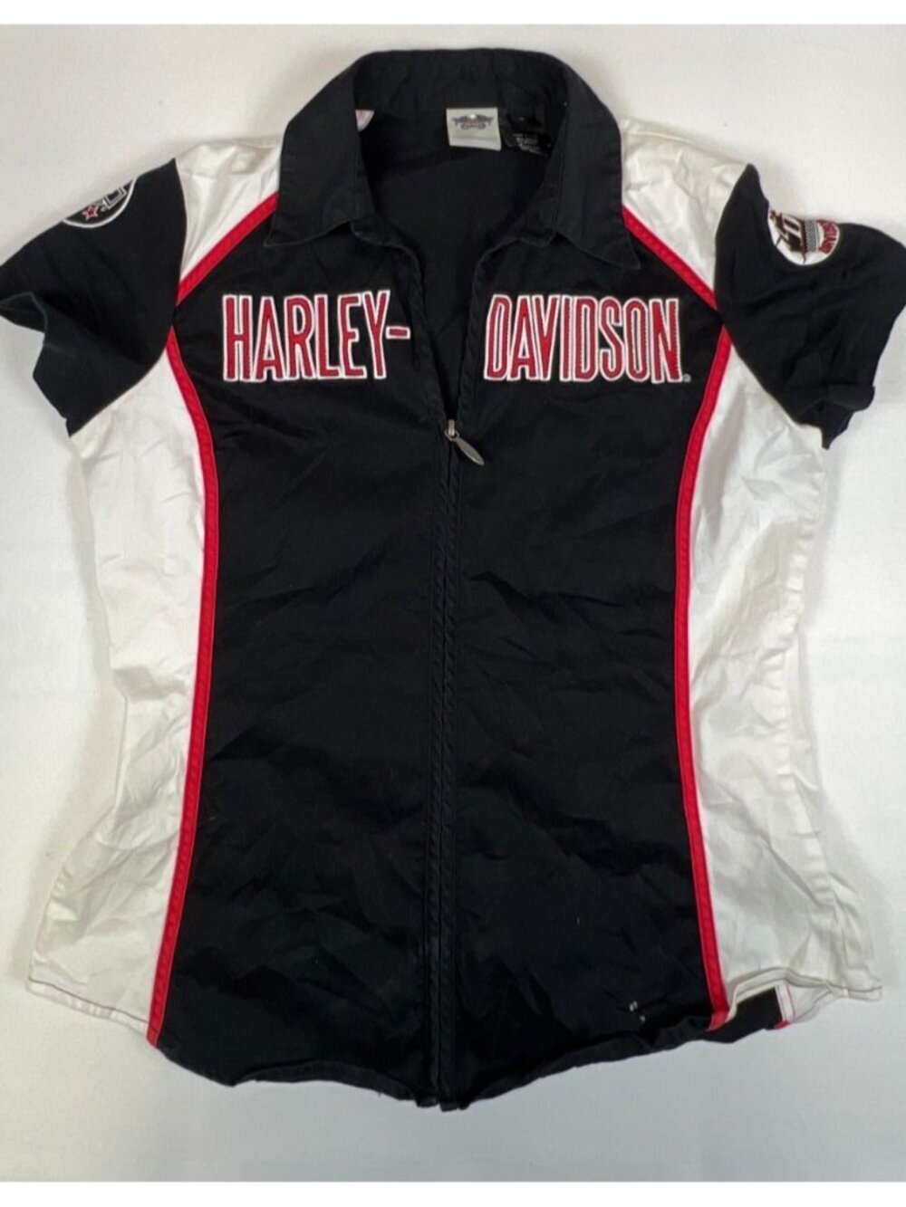 Harley-Davidson Women L Racing Shirt Black White Zip Front Embroidered Patch